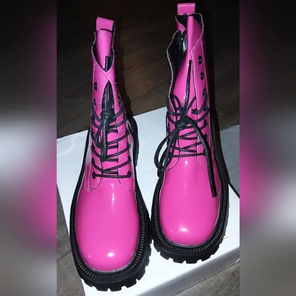 Ladies Neon Pink Combat Boots sz 8